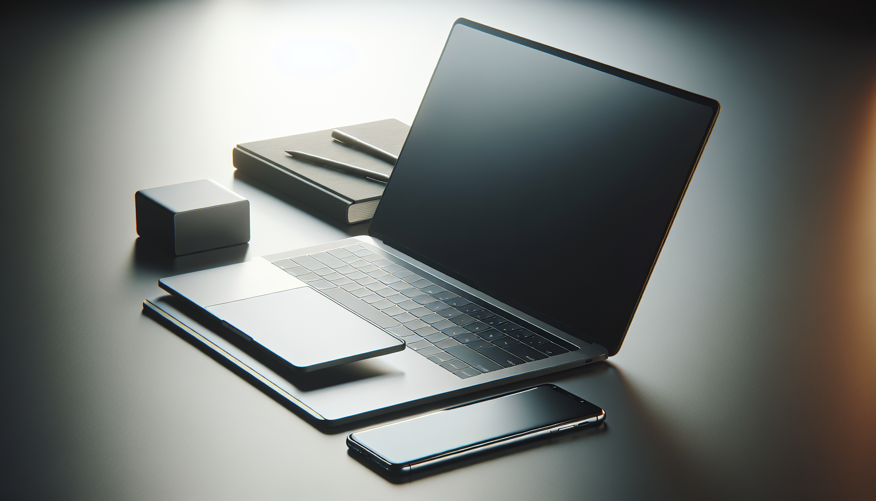 Minimalist studio photo of a modern unbranded laptop and smartphone on a clean desk surface with soft lighting.