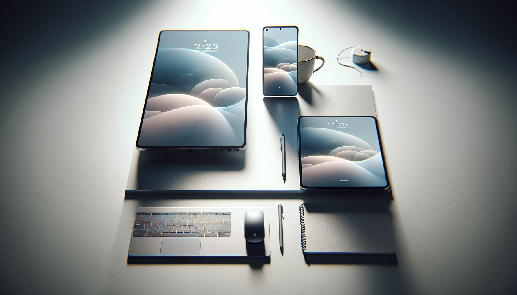 Minimalist studio photo of a smartphone, tablet, and laptop on a clean desk with soft lighting and neutral tones.
