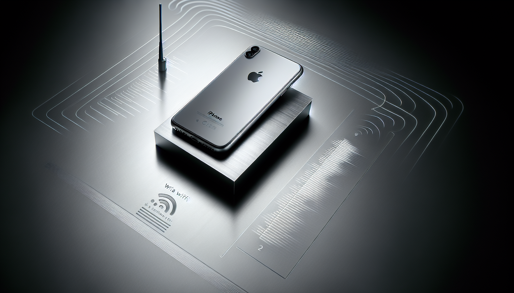Minimalist studio photo of a modern smartphone on brushed aluminum with subtle wireless signal shapes in the background