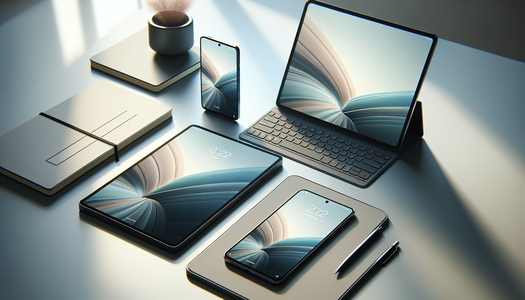 Minimalist tech desk scene with a smartphone, laptop, and tablet representing Apple ecosystem updates in 2025.