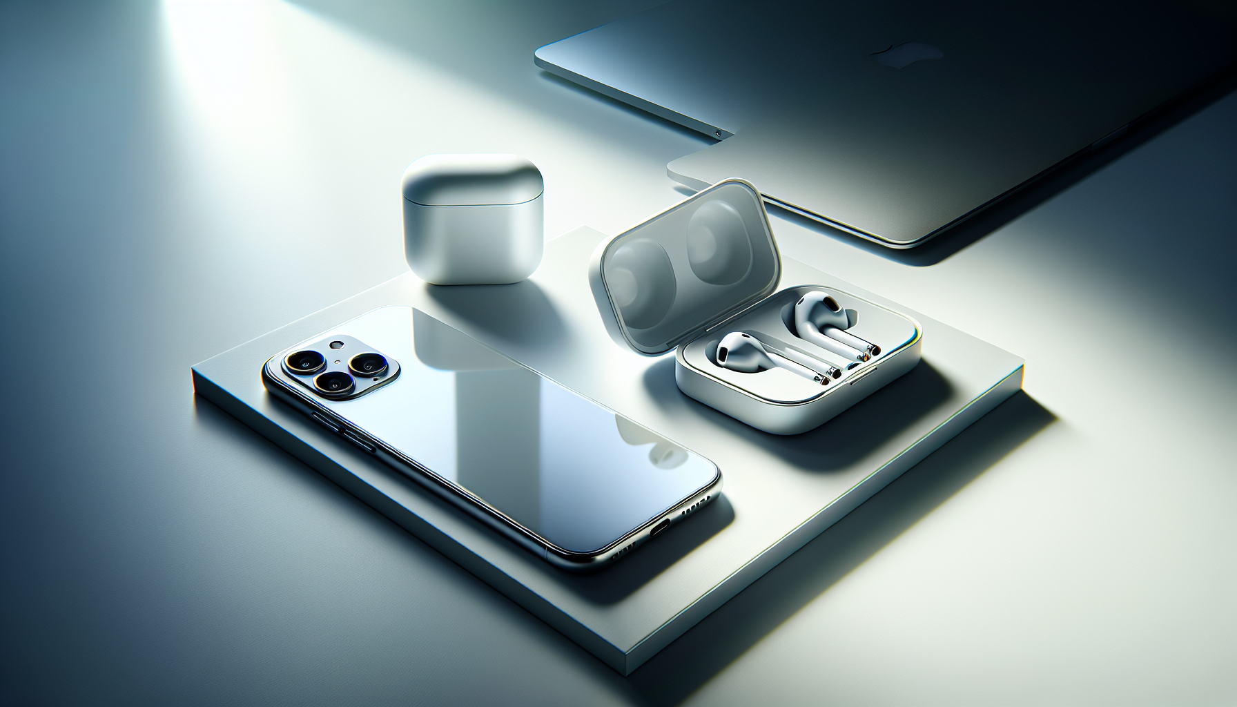 Minimalist tech flat lay with a generic smartphone, wireless earbuds, and a slim laptop on a white desk